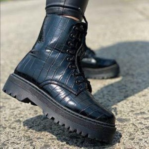 Shoes - Black Croc Embossed Combat Boots